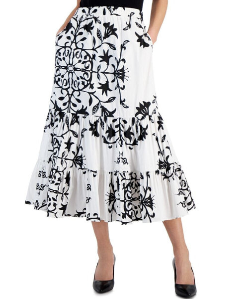 Women's Printed Pull-On Tiered Midi Skirt