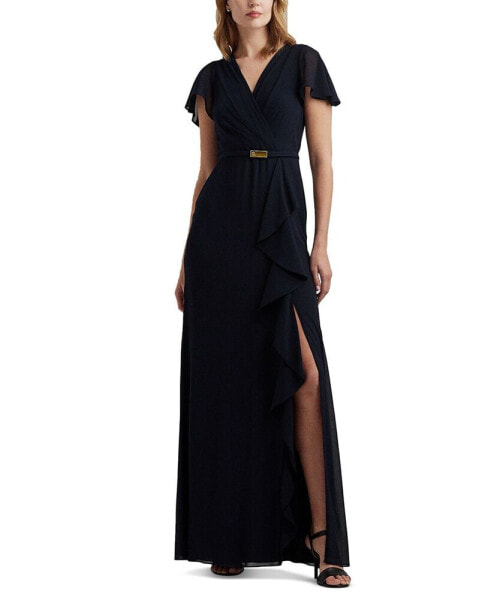 Women's Belted Flutter-Sleeve Gown