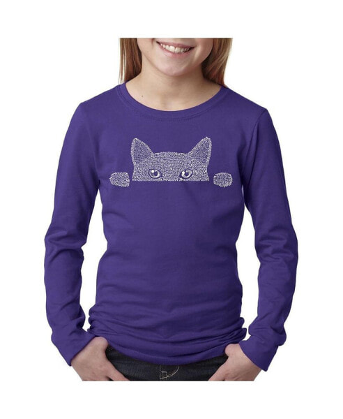 Big Girl's Word Art Long Sleeve T-Shirt - Peeking Cat