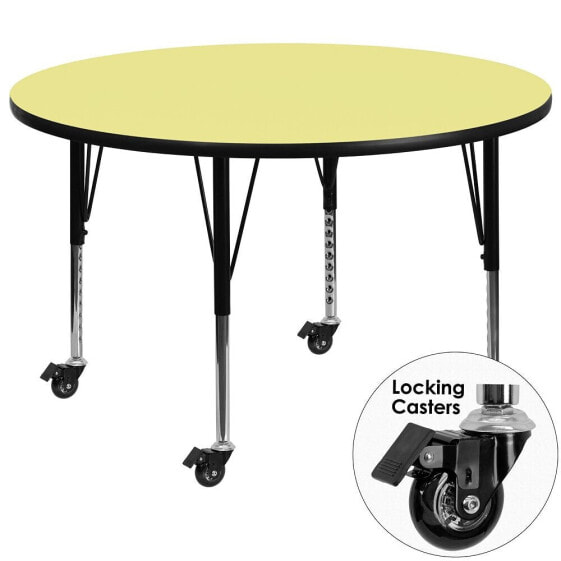 Mobile 48'' Round Yellow Thermal Laminate Activity Table - Height Adjustable Short Legs