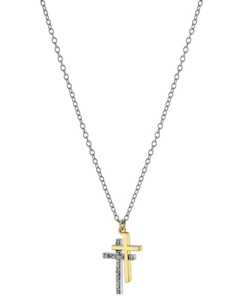 Cubic Zirconia Double Cross Pendant Necklace in Sterling Silver & Gold-Plate, 16" + 2" extender, Created for Macy's