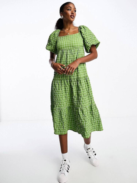 Monki tiered midi smock dress with puff sleeves in green check