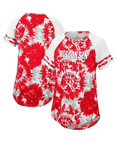 Women's Red, White Wisconsin Badgers Annie Oversized Tie-Dye Raglan T-shirt