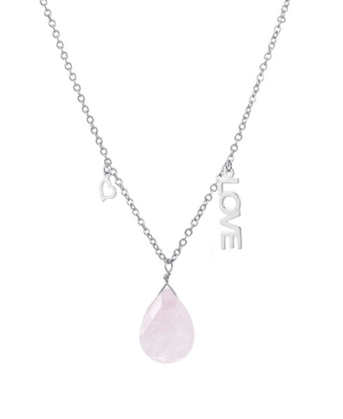 Rose Quartz Pear Shape Bead 16mm Love Charm Necklace in Fine Silver Plated Brass