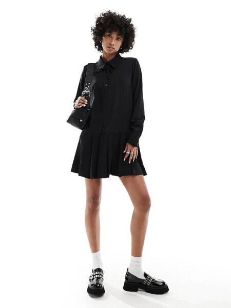 Monki long sleeve collar pleated mini dress with ribbon bow in black