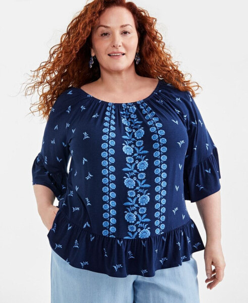 Plus Size Printed 3/4-Sleeve Top, Created for Macy's