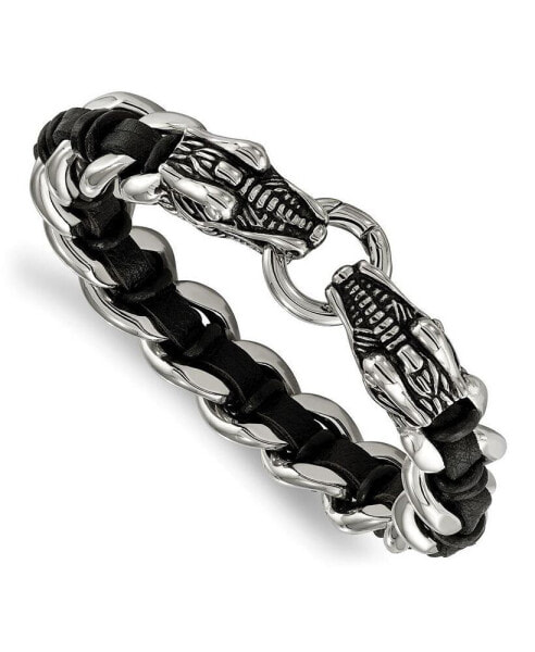 Stainless Steel Dragon Head Curb Chain Black Leather Bracelet