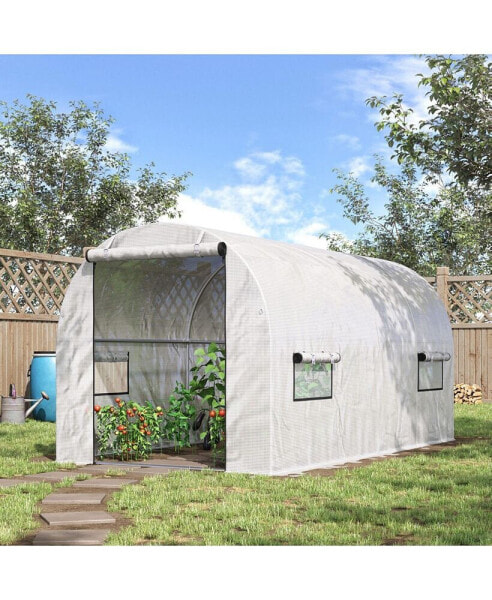 Large Polytunnel Hot House/ Nursery with 6 Roll-Up Windows, White