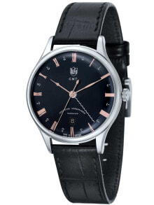 Мужские наручные часы с ремешком Мужские наручные часы с черным кожаным ремешком DuFa DF-9006-01 Weimar Mens Watch GMT 38mm 3 ATM