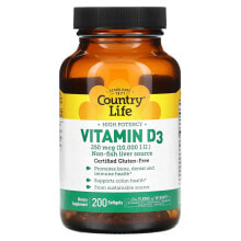 Витамин D Country Life, High Potency Vitamin D3, 250 mcg (10,000 IU), 200 Softgels