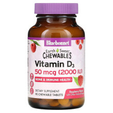 Витамин Д Bluebonnet Nutrition, Earth Sweet Chewables, витамин D3, со вкусом малины, 2000 МЕ, 90 жевательных таблеток
