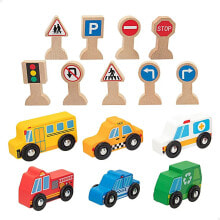 WOOMAX Set 6 Vehicles And 9 Wood Traffic Signs Construction Game