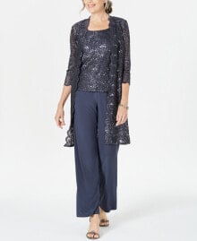 R & M Richards petite 3-Pc. Sequined-Lace Jacket, Top & Pants