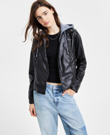 Juniors' Hooded Faux-Leather Moto Jacket, Created for Macy's купить онлайн