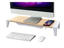 bostitch office wooden monitor stand with wireless charging pad, drawer for stor