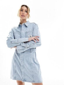 Calvin Klein Jeans Belted Denim Shirt Dress in Denim Light купить онлайн