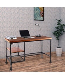 Simplie Fun industrial Style Wood and Metal Desk with Two Bottom Shelves, Brown and Black