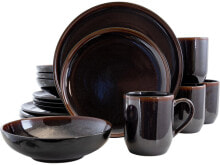 Elama Midnight Beach 16 Piece Round Stoneware Dinnerware Set in Metallic Black