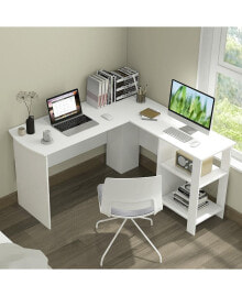 Slickblue large Modern L-shaped Computer Desk with 2 Cable Holes and 2 Storage Shelves-White