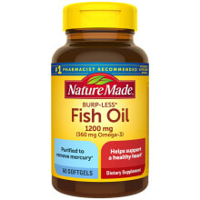 Рыбий жир и Омега 3, 6, 9 nature Made Fish Oil Burp-Less Омега 3 из рыбьего жира для поддержки здоровья сердца 1200 мг 60 жидких гелевых капсул