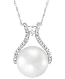 Купить ювелирные кулоны и подвески Honora: Honora cultured White Ming Pearl (10mm) & Diamond (1/5 ct. t.w.) Pendant Necklace in 14k Gold