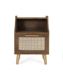 Simplie Fun modern End Table with Rattan Accents, Built-in Hutch, and Ample Storage