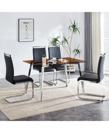 Simplie Fun 1 table and 4 chairs, brown tempered glass tabletop and silver metal legs, modern minimalist style rectangular glass dining table, paired with 4 modern silver metal leg chairs. 1123 C-1162