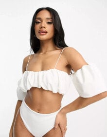 ASOS DESIGN – Bandeau-Bikinioberteil in Elfenbeinweiß mit Puffärmeln