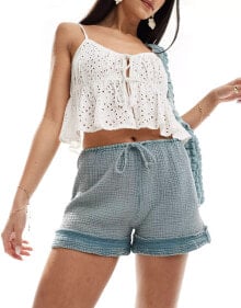 Купить женские шорты Pull&Bear: Pull&Bear linen look crinkle texture short in washed blue