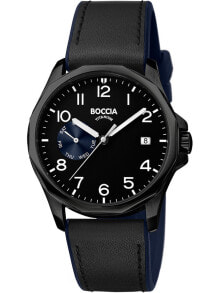 Мужские наручные часы с черным кожаным ремешком Boccia 3644-03 mens watch titanium 40mm 10ATM