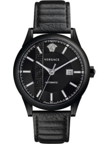 Мужские наручные часы с черным кожаным ремешком  Versace V18030017 Aiakos automatic mens 44mm 5ATM