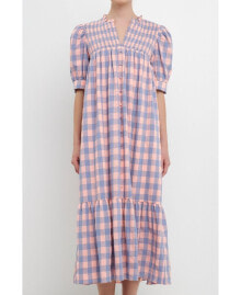 English Factory women's Gingham Textured Smocked Yoke Midi Dress