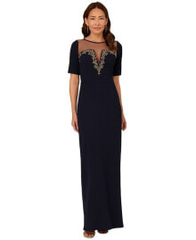 Adrianna Papell women's Beaded Illusion-Neck Gown