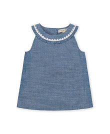 Купить детские рубашки и блузки для девочек Hope & Henry: Toddler Girls Organic Sleeveless Ruffle Collar Chambray Button Back Top