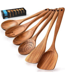 Zulay Kitchen non-Scratch Teak Wooden Cooking Spoons 6 Piece Utensil Set