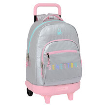 School Rucksack with Wheels Benetton Silver Padded Silver 33 X 45 X 22 cm