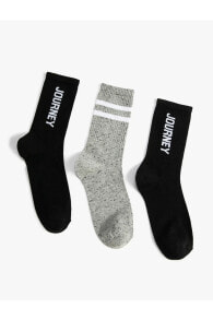 Çizgili 3'lü Soket Çorap Seti Çok Renkli Slogan Detaylı