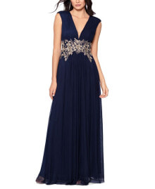 Betsy & Adam petite Embroidered Grecian Pleated Gown