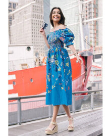 Jessie Zhao New York night Flower Smocked Cotton Silk Midi Dress