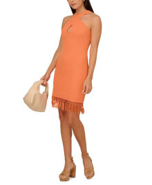 Adrianna by Adrianna Papell women's Halter-Neck Fringe-Trim Sheath Dress