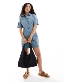 ASOS DESIGN mini twill shirt dress with seaming detail in denim blue купить онлайн