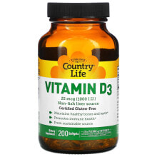 Витамин D country Life, Витамин D3, 1000 МЕ, 200 желатиновых капсул