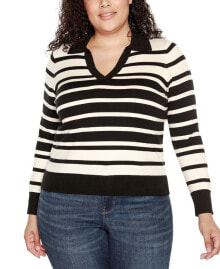 Купить женские свитеры и кардиганы Belldini: Plus Size Striped Johnny Collar Sweater