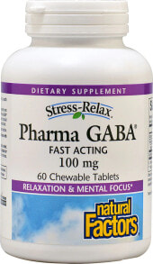 GABA, серотонин Natural Factors Stress-Relax Pharma GABA Пищевая добавка с аминомасляной кислотой - гаммой, для расслабления и сосредоточения 100 мг 60 жевательных таблеток