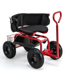 SUGIFT cushioned Rolling Garden Cart Scooter with Storage Basket and Tool Pouch-Black & Red