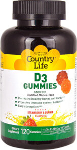 Витамин Д Country Life D3 Gummies Витамин D-3 без глютена 1000 МЕ - 120 мармеладок со вкусом апельсинов и клубники
