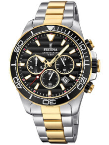 Аналоговые мужские наручные часы с серебряным золотым браслетом Festina F20363/3 Prestige Chronograph 44mm 10ATM