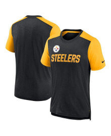 Nike men's Heathered Black, Heathered Gold Pittsburgh Steelers Color Block Team Name T-shirt