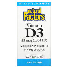 Natural Factors, Витамин D3 в каплях, без ароматизаторов, 25 мкг (1000 МЕ), 15 мл (0,5 жидкой унции)