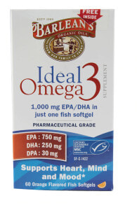 Рыбий жир и Омега 3, 6, 9 Barlean's Ideal Omega 3 Orange Омега 3 из холодноводной рыбы для поддержки работы мозга и сердца 1000 мг 60 гелевых капсул